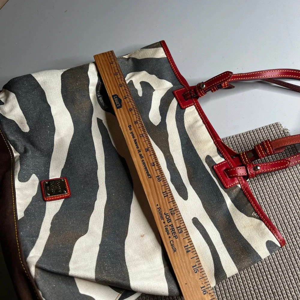 Dooney & Bourke Zebra Print Canvas Tote Bag Red Leather Trim Brown Suede Base